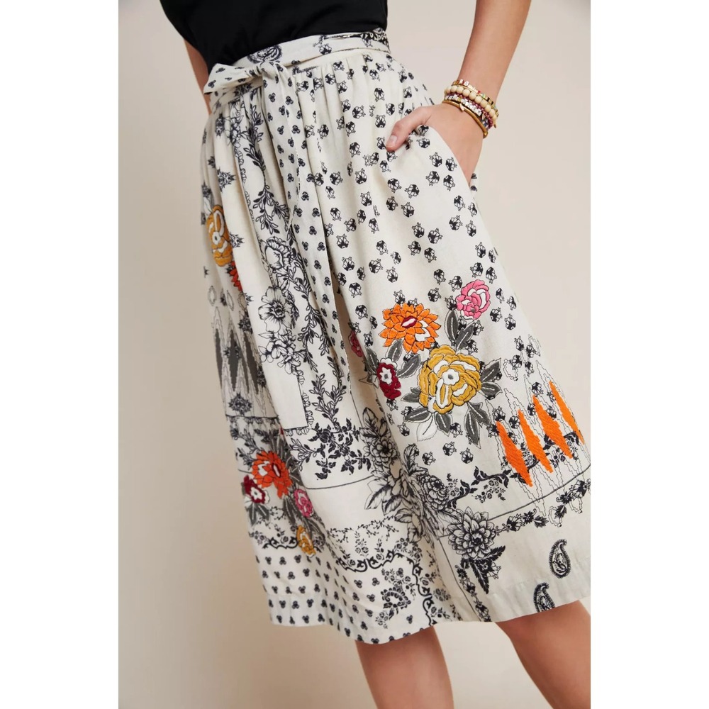Anthropologie Vineet Bahl Devi Embroidered Midi Skirt Womens M Beige Boho Chic - Picture 2 of 14